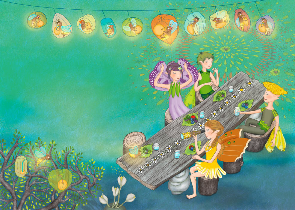 Sommerfest im Veilchental, Elfen sitzen an Fetstafel