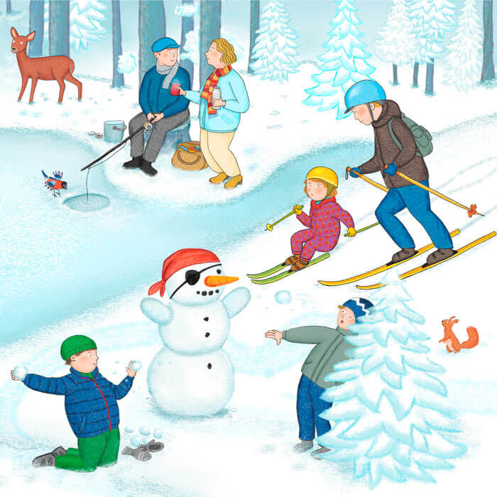 Ski laufen und Schneeballschlacht, Kinder in Winterlandschaft, Angler am Eisloch