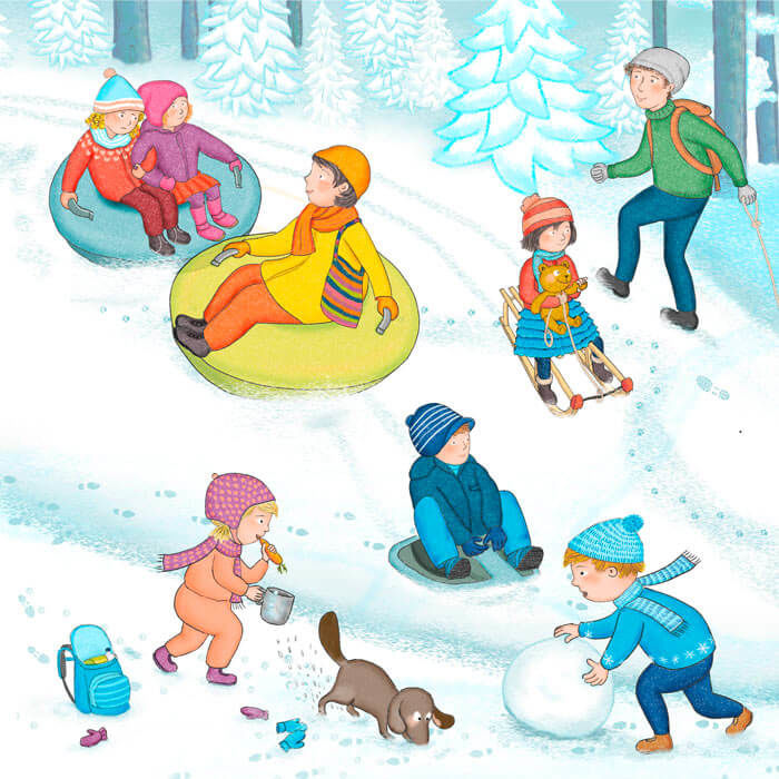 Rodelspaß und Schneemann bauen, Kinder in Winterlandschaft