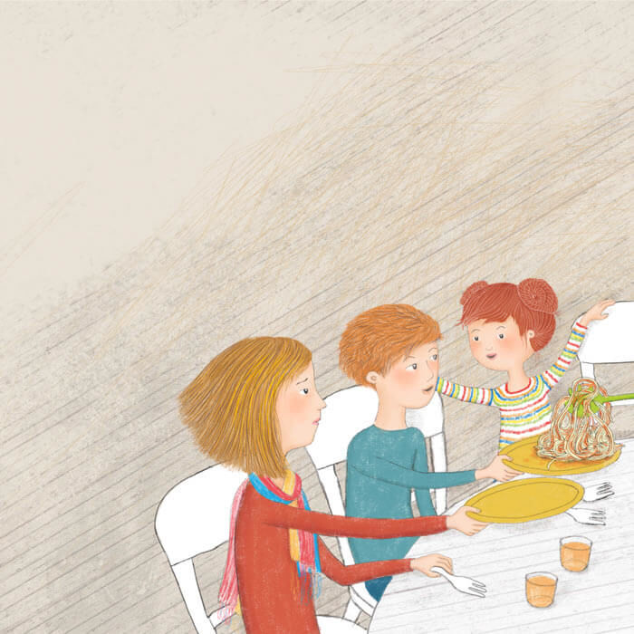 Spaghettiessen in Zoes Familie, Zoe, ihr Bruder und ihre Schwester am Tisch