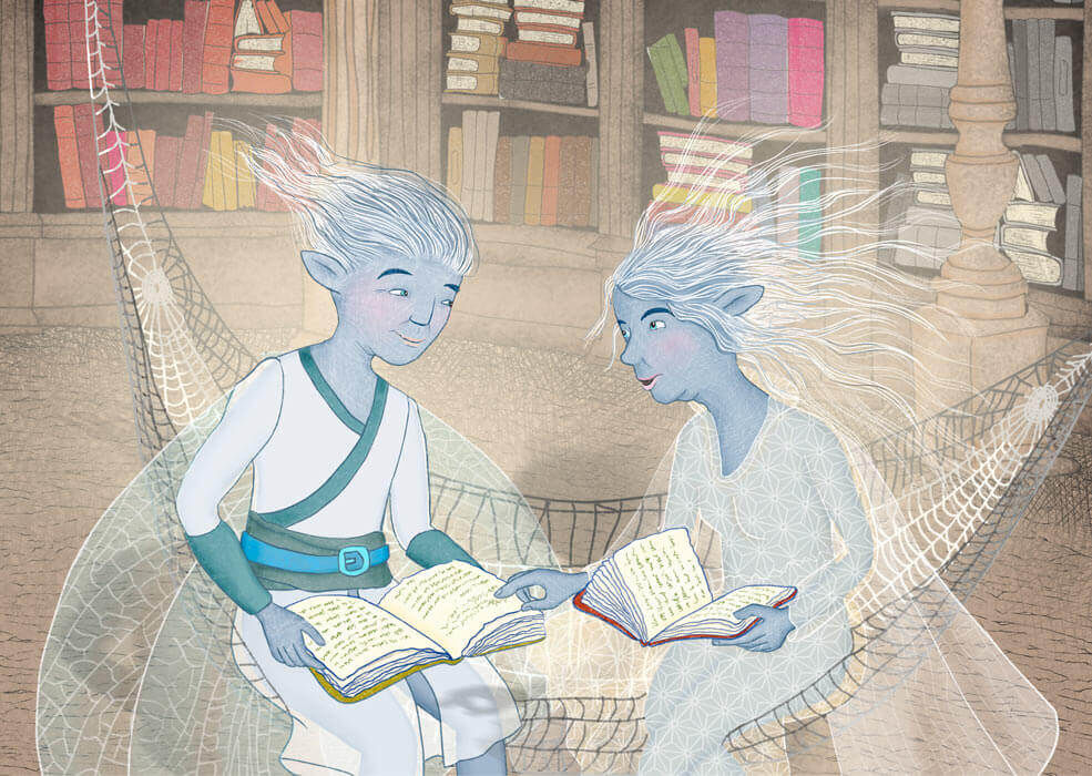Mondelfen sitzen in der Bibliothek über Büchern