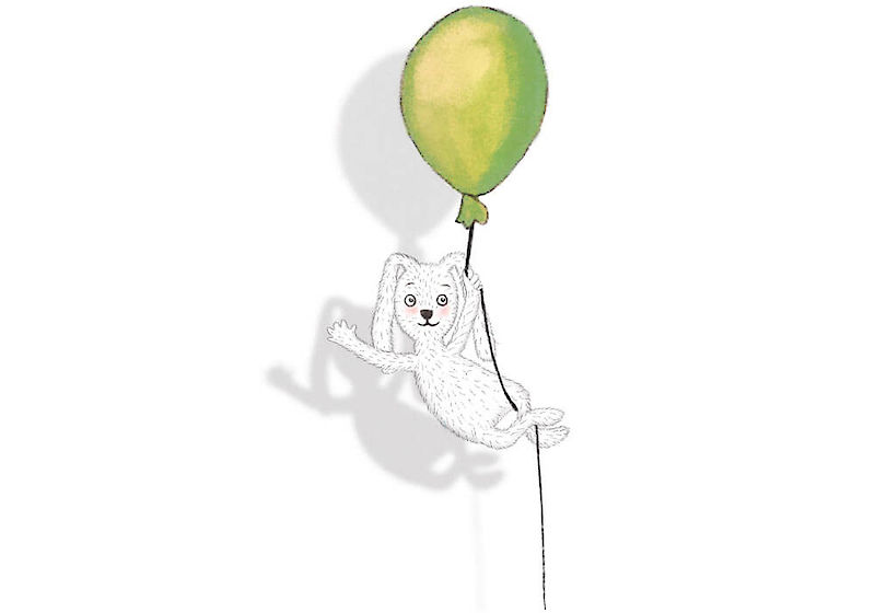 Hase fliegt mit einem Luftballon und winkt